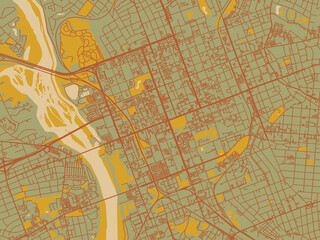 Obraz premium Decorative flat city map of Columbia Center South, Carolina using muted sage base, rust-colored roads, and soft ochre highlights.