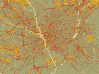 Abstract flat-design map of Columbia South, Carolina, featuring earthy sage background with rust roadways and ochre details.