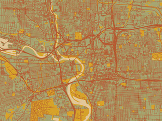 Obraz premium Stylized minimalist map of Columbus Center, Ohio in sage green ground with rust-red roads and ochre accents.