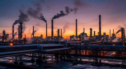 Industrial oil refinery complex with smoking chimneys at sunset, heavy industry landscape
