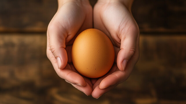 Hands carefully hold one egg. View from above, close-up. World Egg Day.