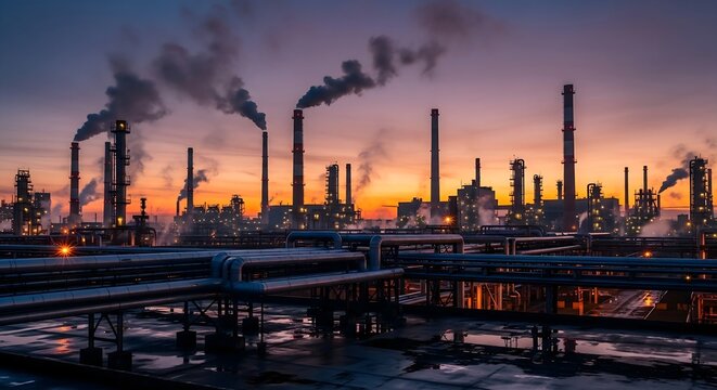 Industrial oil refinery complex with smoking chimneys at sunset, heavy industry landscape