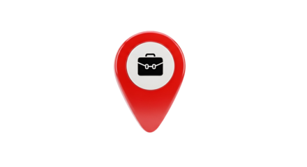 3d icon of red location pin with briefcase isolated on transparent background, representing business travel and destination