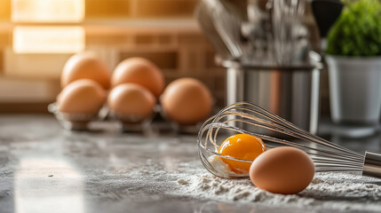 Whisk and chicken eggs on the kitchen table, World Egg Day.