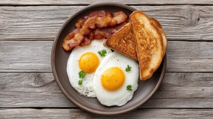 Delicious Breakfast Plate with Fried Eggs, Crispy Bacon, and Golden Toast on Rustic Wooden Table