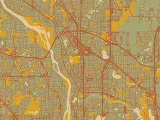 Flat painterly map of Coon Rapids, Minnesota in sage/olive tone field with rust networks and ochre shapes, cream water.