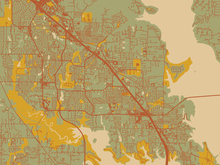 Flat painterly map of Corinth, Texas in sage/olive tone field with rust networks and ochre shapes, cream water.