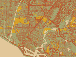 Obraz premium Decorative flat city map of Costa Mesa, California using sage/olive tone field with rust networks and ochre shapes, cream water.