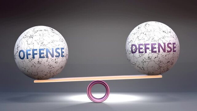 Offense and defense in balance - balancing stones on a scale symbolizing harmony, equity and equilibrium between offense and defense. Harmonious and beneficial situation.