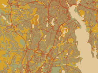 Stylized minimalist map of Cranston, Rhode Island in sage/olive tone field with rust networks and ochre shapes, cream water.