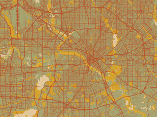 Decorative flat city map of Dallas, Texas using muted sage base, rust-colored roads, and soft ochre highlights.