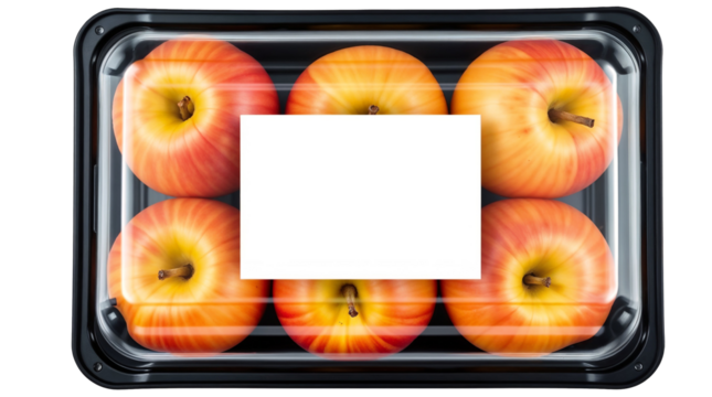 Black plastic tray containing fresh apples and blank label mockup packaging isolated on transparent background