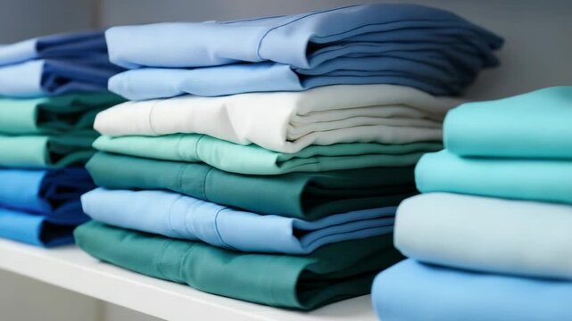 Neatly folded colorful clothes on white shelves
