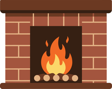 Cozy fireplace with burning logs and bricks design element illustration