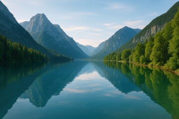 Fototapeta premium Serene Mountain Lake Surrounded by Lush Greenery and Majestic Peaks