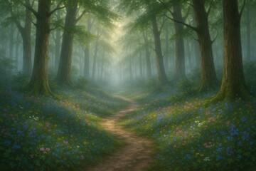 Serene Forest Pathway Surrounded by Lush Greenery and Colorful Wildflowers in a Misty Atmosphere