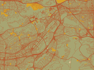 Flat painterly map of Diamond Bar, California in olive backdrop with warm rust street network and ochre blocks.