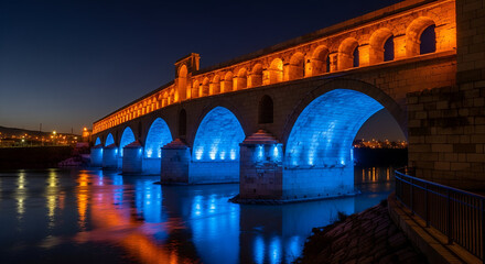 Fototapeta premium Ancient Stone Bridge Illuminated at Night architecture