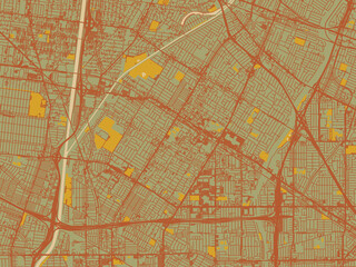Minimalist flat city map of Downey, California with earthy sage background with rust roadways and ochre details.