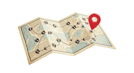 A small folded travel map paper with beige tone, route markings, footprint icons, and a red location pin, soft shadow, pastel color palette, vintage scrapbook aesthetic, isolated on clean background
