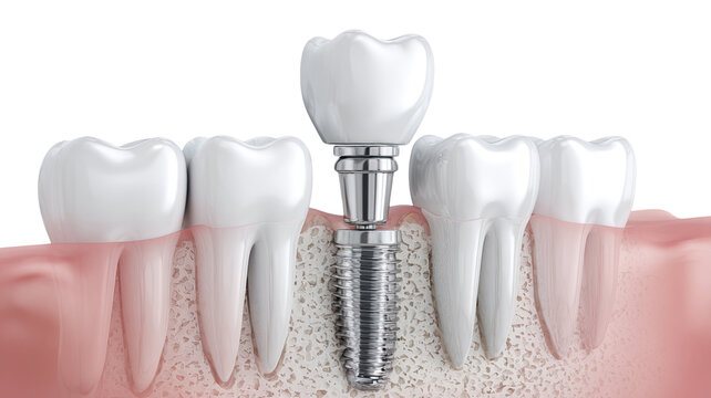 3D illustration of dental implant placement with titanium screw showing realistic tooth structure and medical accuracy on white background