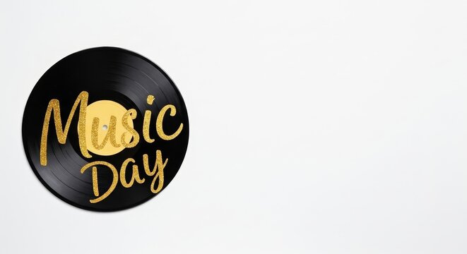 Black vinyl record with glittery gold Music Day text. Retro audio media for celebration of World Music Day, event promotion, or party invitation. copy space