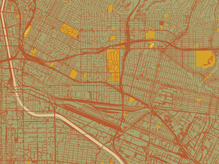 Graphic flat color map of East Los Angeles, California in earthy sage background with rust roadways and ochre details.