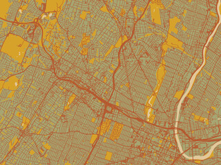 Modern flat map poster of East Orange, New jersey in olive backdrop with warm rust street network and ochre blocks.