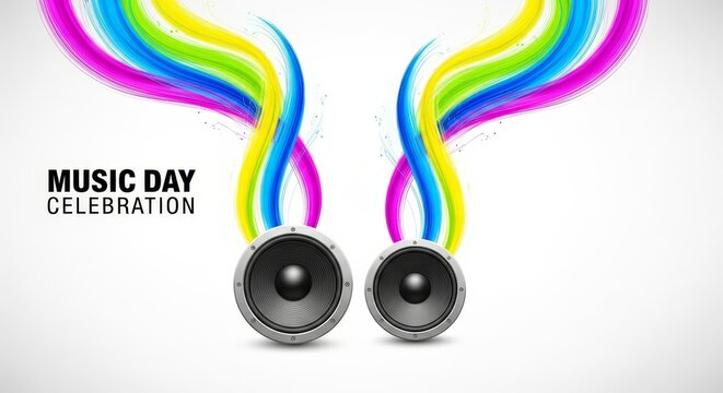 Bright music poster with dynamic colorful sound waves and bold "Music Day Celebration" text. Energy and creativity for festivals and music events. - Powered by Adobe