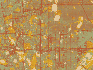 Decorative flat city map of Edina, Minnesota using sage green ground with rust-red roads and ochre accents.