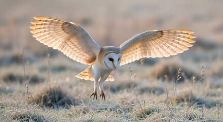 Fototapeta premium Barn Owl in Flight Over Frosty Field whisk