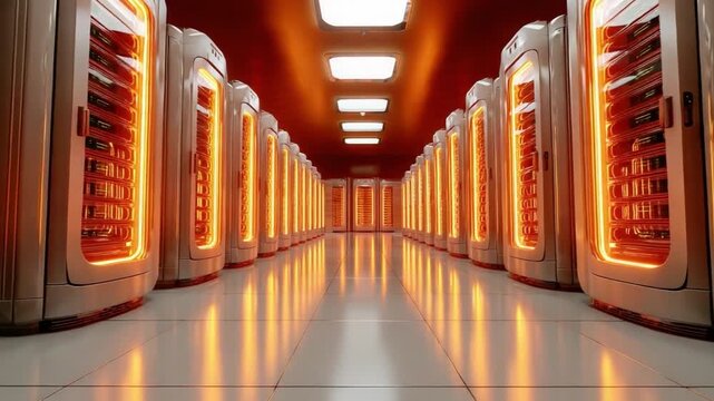 Server Room Perspective: An immersive view of a futuristic server room. The high-tech environment is aglow with a warm, inviting light, suggesting an intricate network of data.