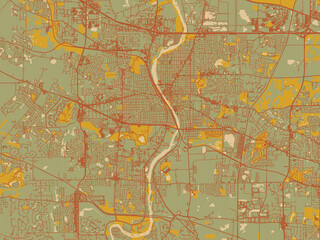 Obraz premium Vector-style flat map of Elgin, Illinois with sage green ground with rust-red roads and ochre accents.