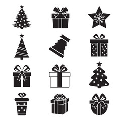 Collection of Christmas icons on white background. Vector in balck and white silhouettes 