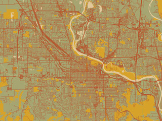 Vector-style flat map of Eugene, Oregon with muted sage base, rust-colored roads, and soft ochre highlights.