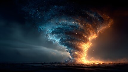 Obraz premium A mesmerizing digital illustration depicts a powerful tornado with swirling blue and orange cosmic energy against a dark and ominous stormy backdrop revealing nature's power.