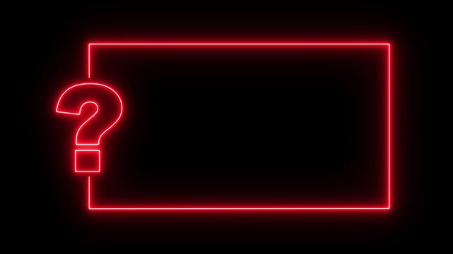 Question mark neon sign light on black background. Quiz trivia game competition. red neon question mark frame for quizzes and FAQs. Game announcement neon message.  Answer question, Examination test.