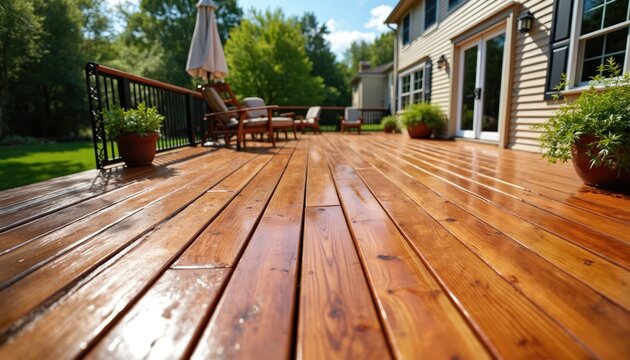 Newly stained wood deck outside house, with chairs and umbrella. Green plants and trees surround deck. Home exterior view, summer day, relaxing atmosphere.