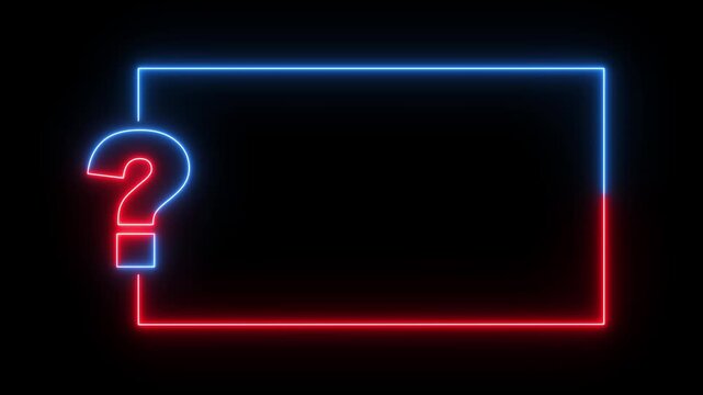 Question mark neon sign light on black background. Quiz trivia game competition. neon question mark frame for quizzes and FAQs. Game announcement neon message.  Answer question, Examination test.