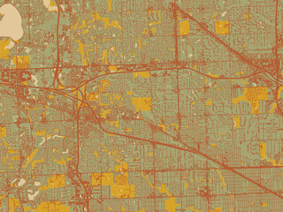 Decorative flat city map of Farmington Hills, Michigan using sage green ground with rust-red roads and ochre accents.