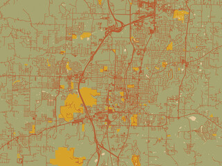 Obraz premium Abstract flat-design map of Fayetteville, Arkansas, featuring muted sage base, rust-colored roads, and soft ochre highlights.
