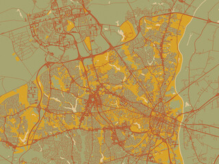 Vector-style flat map of Fayetteville North, Carolina with sage/olive tone field with rust networks and ochre shapes, cream water.
