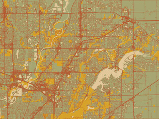 Naklejka premium Abstract flat-design map of Fishers, Indiana, featuring olive backdrop with warm rust street network and ochre blocks.