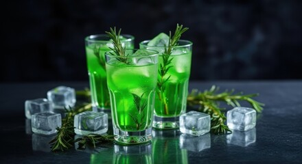 Vibrant green cocktails with ice and garnish