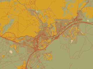 Poster-ready flat map of Flagstaff, Arizona, sage green ground with rust-red roads and ochre accents.