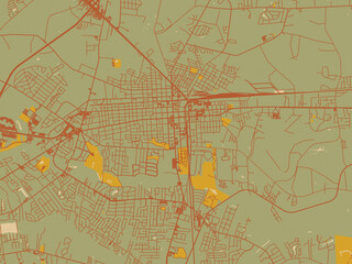 Graphic flat color map of Florence South, Carolina in earthy sage background with rust roadways and ochre details.