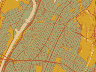 Minimalist flat city map of Fordham, New York with sage/olive tone field with rust networks and ochre shapes, cream water.