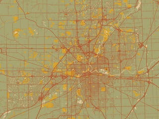 Naklejka premium Graphic flat color map of Fort Wayne, Indiana in muted sage base, rust-colored roads, and soft ochre highlights.