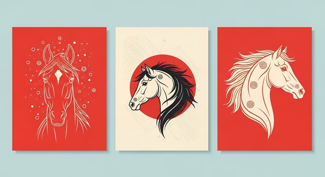 Three stylized horse head illustrations one front facing and two profile views showcased on posters against a muted blue background animal art drawing graphic design red cream white