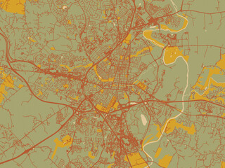 Poster-ready flat map of Frederick, Maryland, olive backdrop with warm rust street network and ochre blocks.